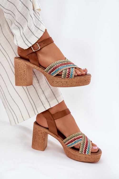 Leather Heeled Sandals With Braiding On Straps Brown Zazoo 40460