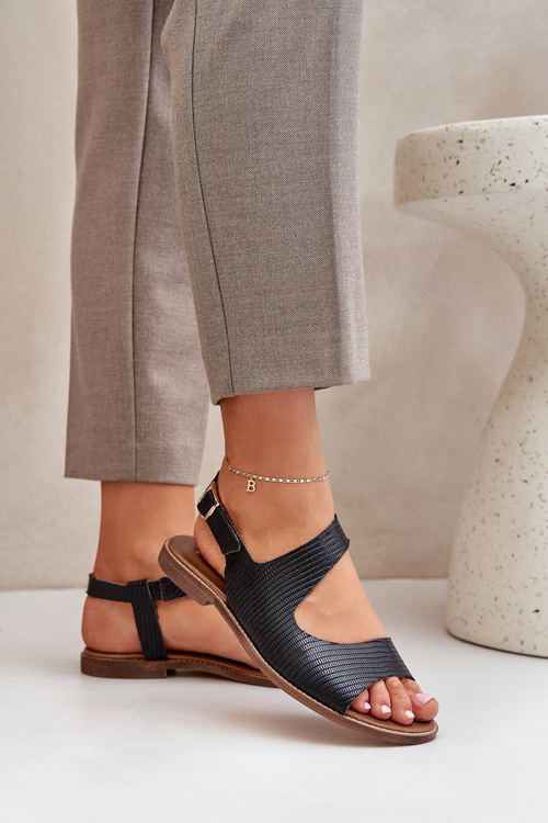 Leather Sandals With Buckle And Embossing Lewski 3041 Black