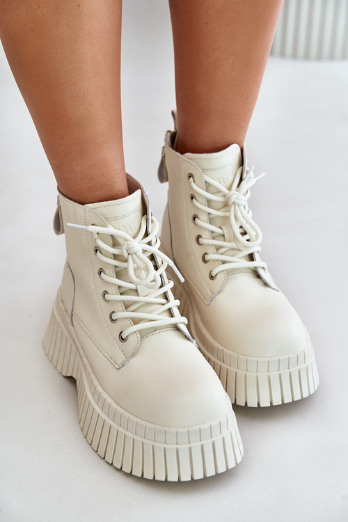 Warm Leather Ankle Boots on Chunky Sole Light Beige GOE OO2N4127