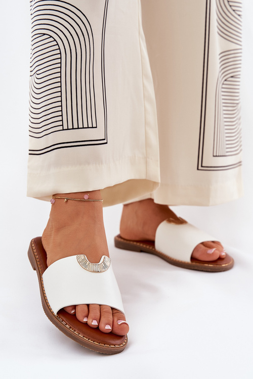 Damskie Klapki Damskie Płaskie Eko Skóra Ozdobne Detale Białe Mevith 