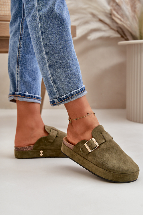 Women's Platform Clogs With Golden Buckle Dark Green Terilaina