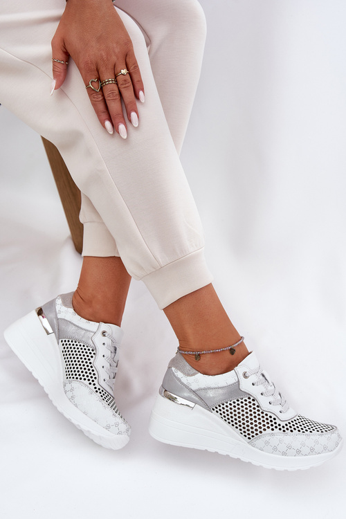 Buty Sportowe Sneakersy Ażurowe Na Koturnie Skóra Naturalna Białe S.Barski LR51-641