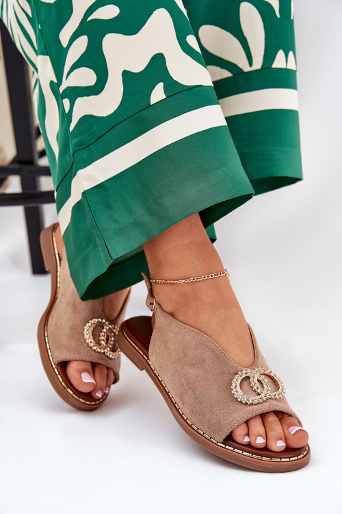 Eko Zamszowe Sandały Damskie Płaski Obcas Ozdoba Ciemnobeżowe Ralisses