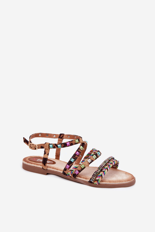 Ladies sandals with decoration and woven straps leopard Delyra