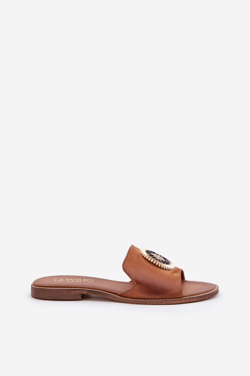 Damskie Klapki Skóra Naturalna Płaski Obcas Ozdoba Lewski Camel 3047/O