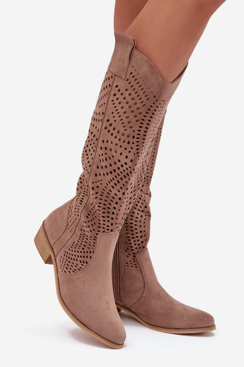 Perforated Women's Knee-high Block Heeled Boots Beige Fioris