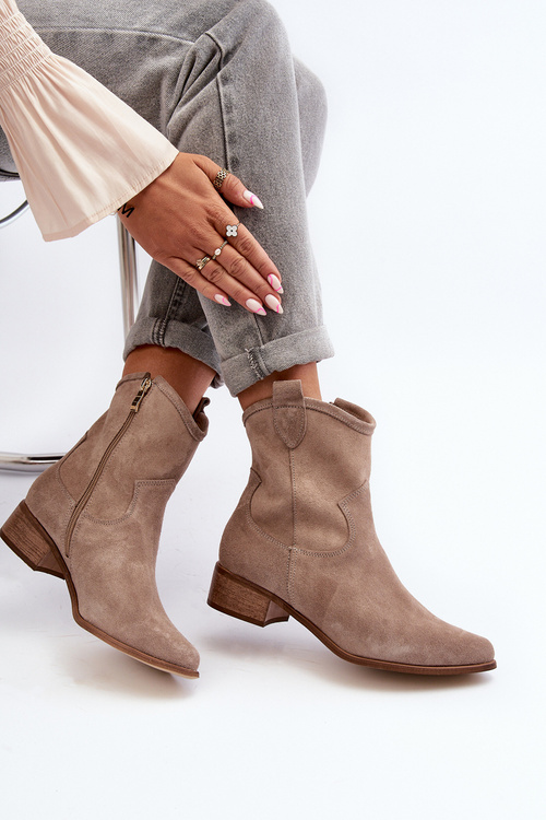 Suede Cowboy Boots with Low Heel Zazoo 3329 Cappucino