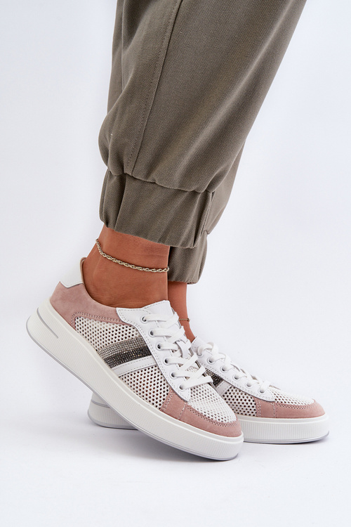Buty Sportowe Skóra Biało-Różowe S.Barski LR110