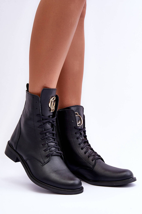 Leather Lace-Up Boots With Ornament Black Nicole 2750