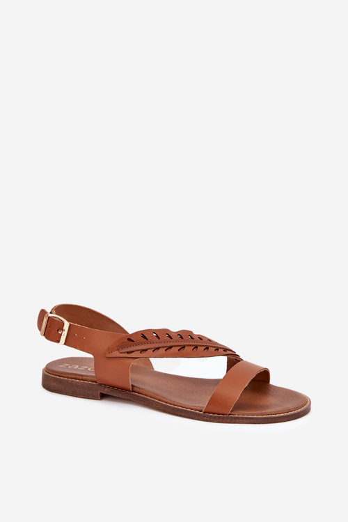 Ladies sandals made of natural leather on a flat heel Zazoo 3564 Camel