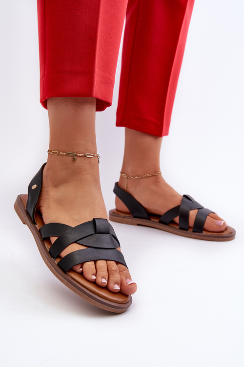 Sandały Damskie Płaskie Eko Skórzane Czarne Vinceza 17347