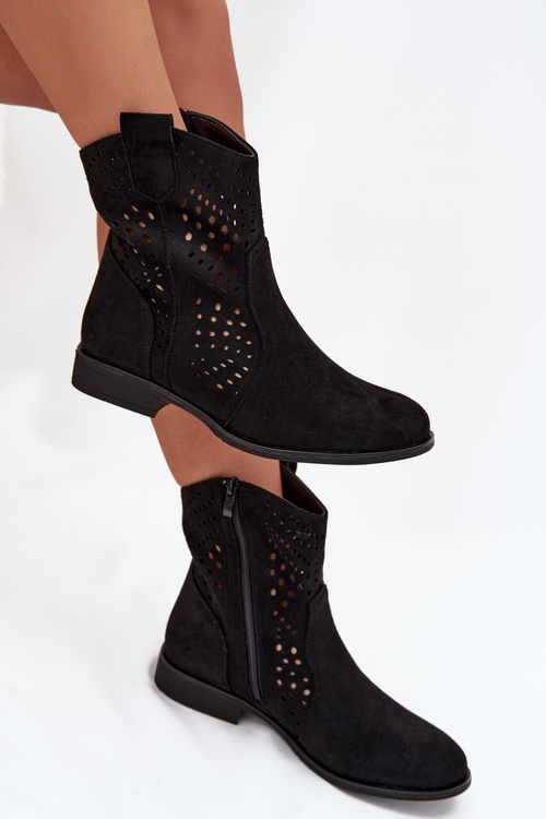 Openwork Women's Ankle Boots Flat Heel Black Amisna