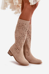Ladies Perforated Ankle Boots On Low Heel Eco Suede Zip Fastening Light Beige Orchides