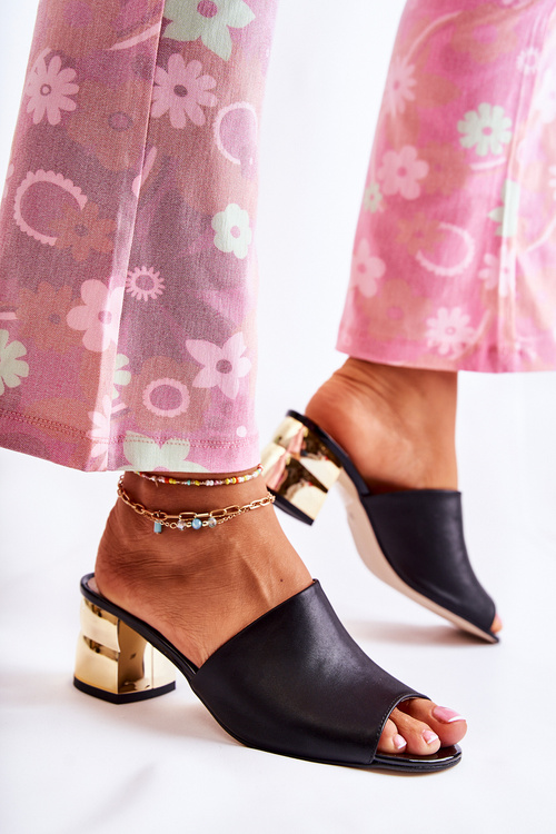 Klapki Skóra Damskie Obcas Czarne Perry