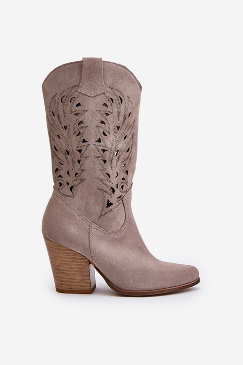 Kozaki Ażurowe Zamszowe Na Słupku Do Połowy Łydki Cappucino Lewski 3609