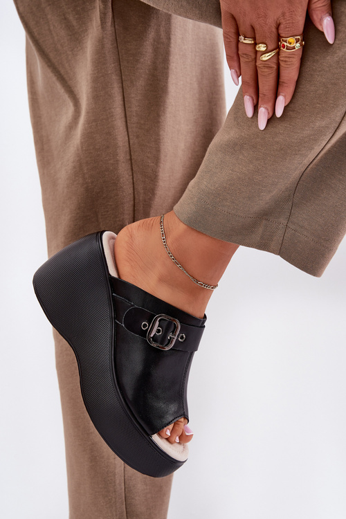 Leather Women's Sandals On Platform And Wedge With Buckle Black S.Barski LR51-542