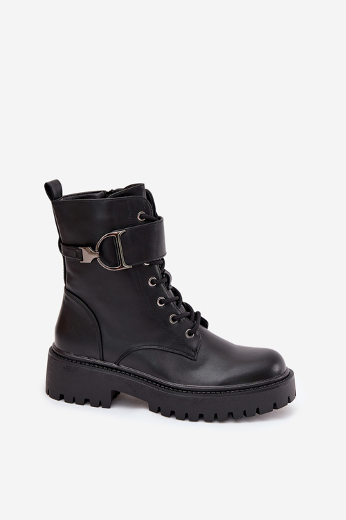 Women's Workery Boots With Lining With Decorative Strap Black Ulivine