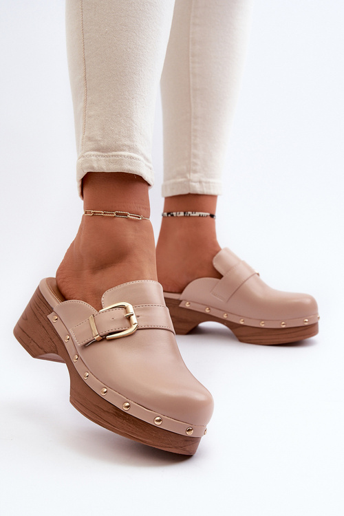 Women's Beige Slippers Clogs with Buckle Seprilla