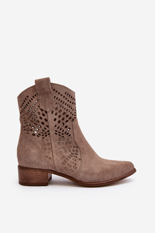 Botki Kowbojki Damskie Ażurowe Zamszowe Niski Obcas Cappucino Zazoo 3305/2