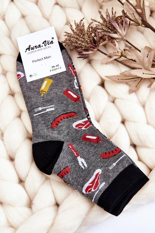 Men's Funny Socks Mismatched Barbecue And Sausages Gray 