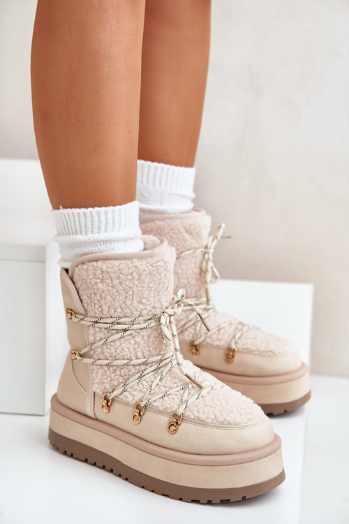 Ladies Platform Snow Boots With Lacing Light Beige Riaviana