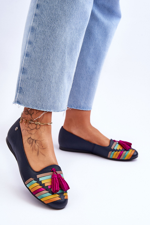 Leather Ballerinas With Fringes Maciejka 04016-17 Navy