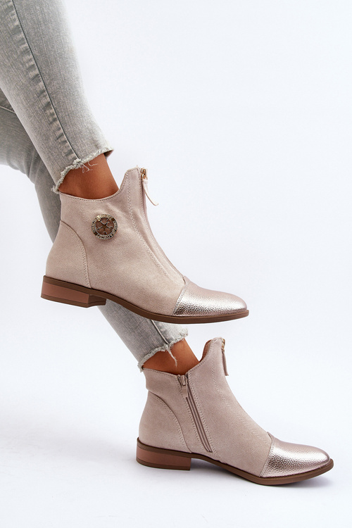 Women's Ankle Boots with Flat Heel and Zip Beige Loratie
