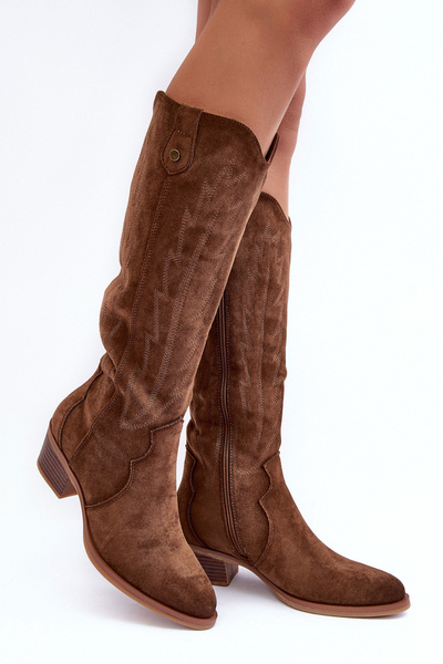 Suede Cowboy Boots On Low Heel Brown Lunah