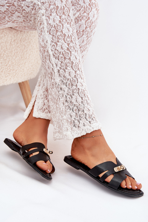 Flat Women's Sandals With Strap And Golden Detail Black Kerenza