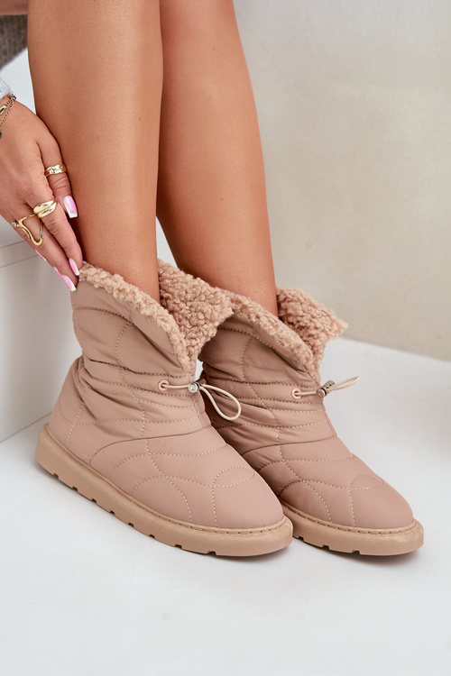 Women's Snow Boots With Drawstring Lined With Sheepskin Beige Vamidra
