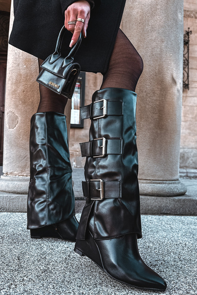 Damskie Kozaki Na Koturnie Srebrne Klamry Czarne Sarisse