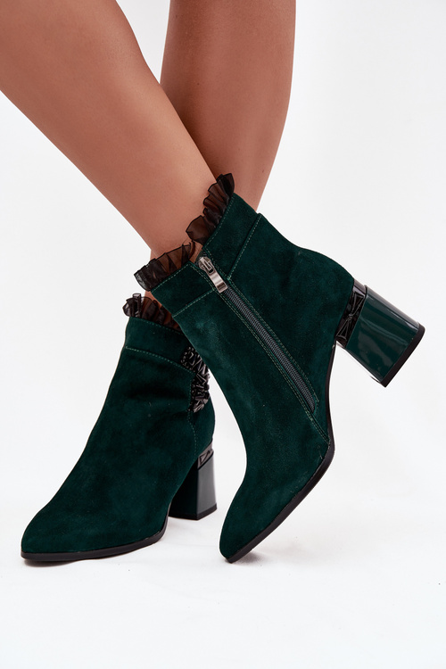 Suede Leather Women's Ankle Boots On Heel With Decoration Lined D&A MR52-127 Bottle Green
