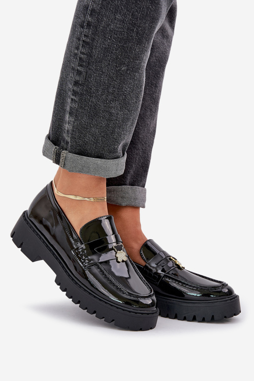 Mokasyny Lakierowane Damskie Przypinka Miś Czarne Wulinea