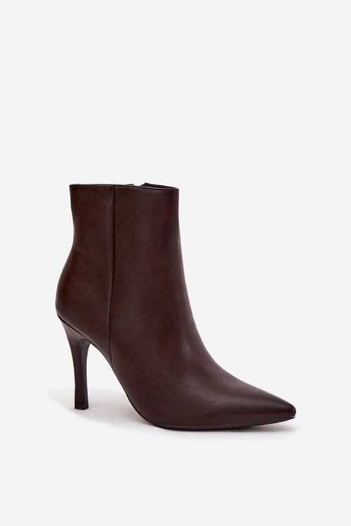 Damskie Botki Eko Skórzane Ocieplane Na Szpilce Czekoladowe Nolisse