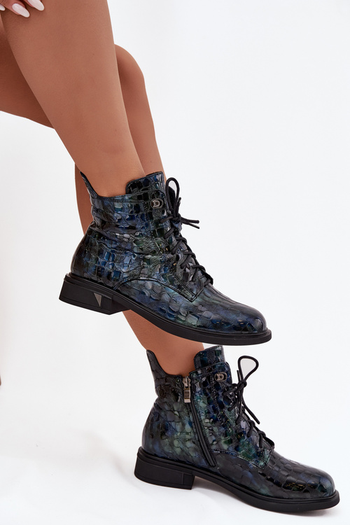 Damskie Botki Z Lakierowanej Naturalnej Skóry Granatowe D&A LZ52-962