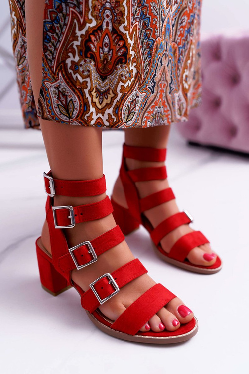 Sandały Damskie Na Słupku Gladiatorki Zamsz Czerwone Nella