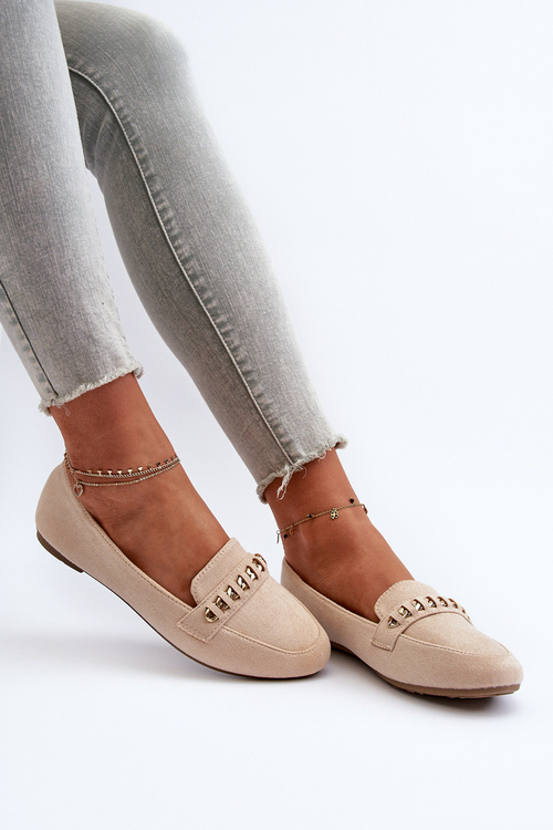 Mokasyny Damskie Z Łańcuchem Błyszczące Beżowe Aredilla 9988-73