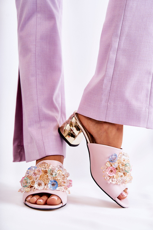 Leather Women's Slippers On High Heels With Decoration Pink Calinda