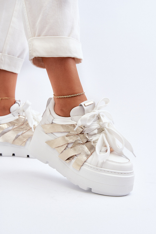 Sneakersy Skórzane Masywna Platforma Biało-Złote Zazoo 2F-7033