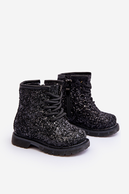 Children's Glittery Lined Boots with Zipper Black Saussa