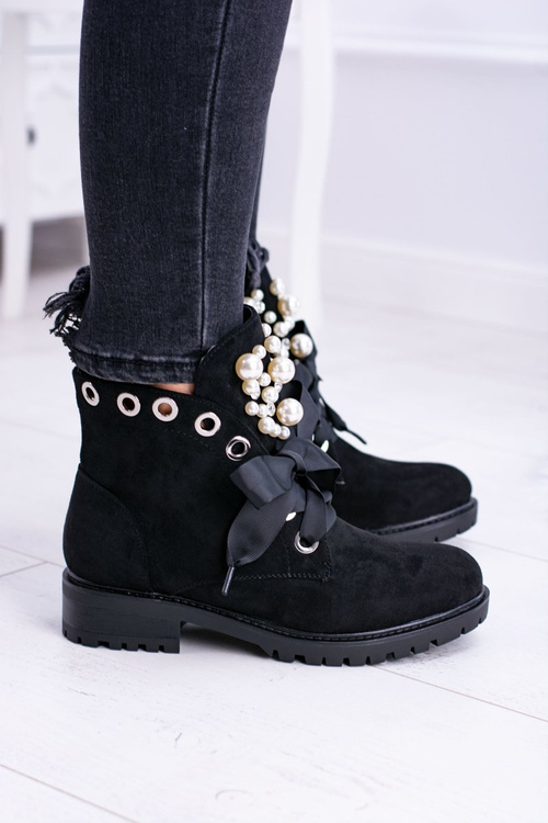 Suede Lined Ankle Boots With Pearls And Ribbon Black Perla
