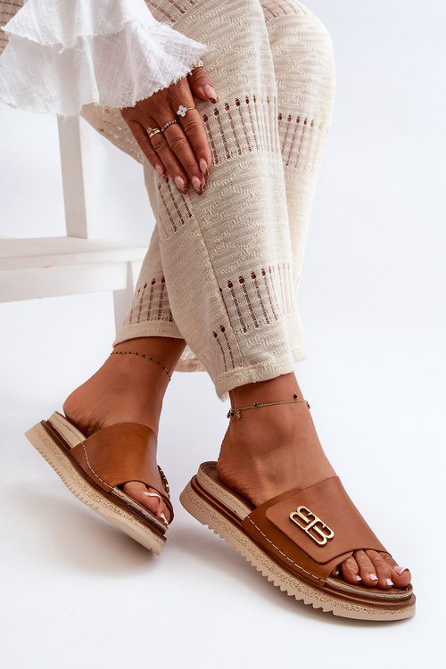 Klapki Skórzane Damskie Na Platformie Brązowe Zazoo 50101