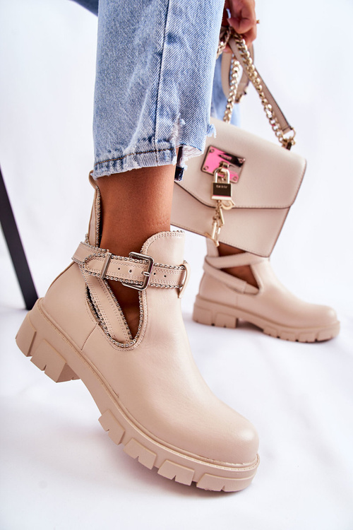 Botki Damskie Skóra Ćwieki Beżowe Clares