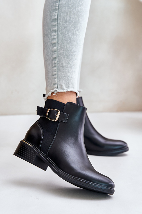 Women's Ankle Boots on Low Heels Insulated with Golden Buckle Black Inomira