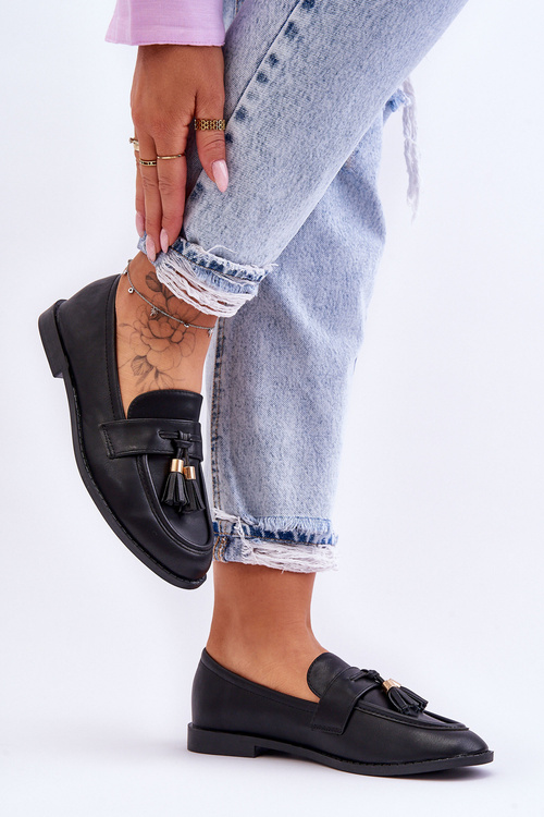 Classic Fringed Leather Loafers Black Camis