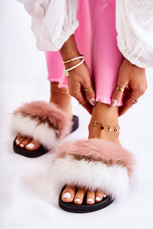 Slippers With Natural Fur White and pink Naturis