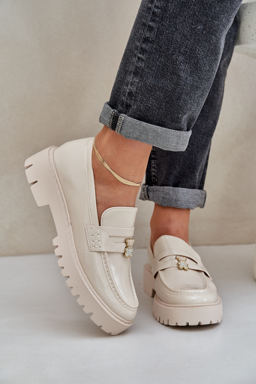 Lacquered Women's Moccasins With Teddy Bear Beige Wulinea