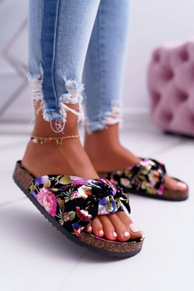 Women's Cork Lined Flip Flops Black Floral Wendy