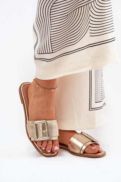 Flat Ladies Sandals Eco Leather With Buckle Gold Bamma