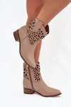 Zazoo 3404 Perforated Cowboy Ankle Boots With Low Heel Leather Dark Beige